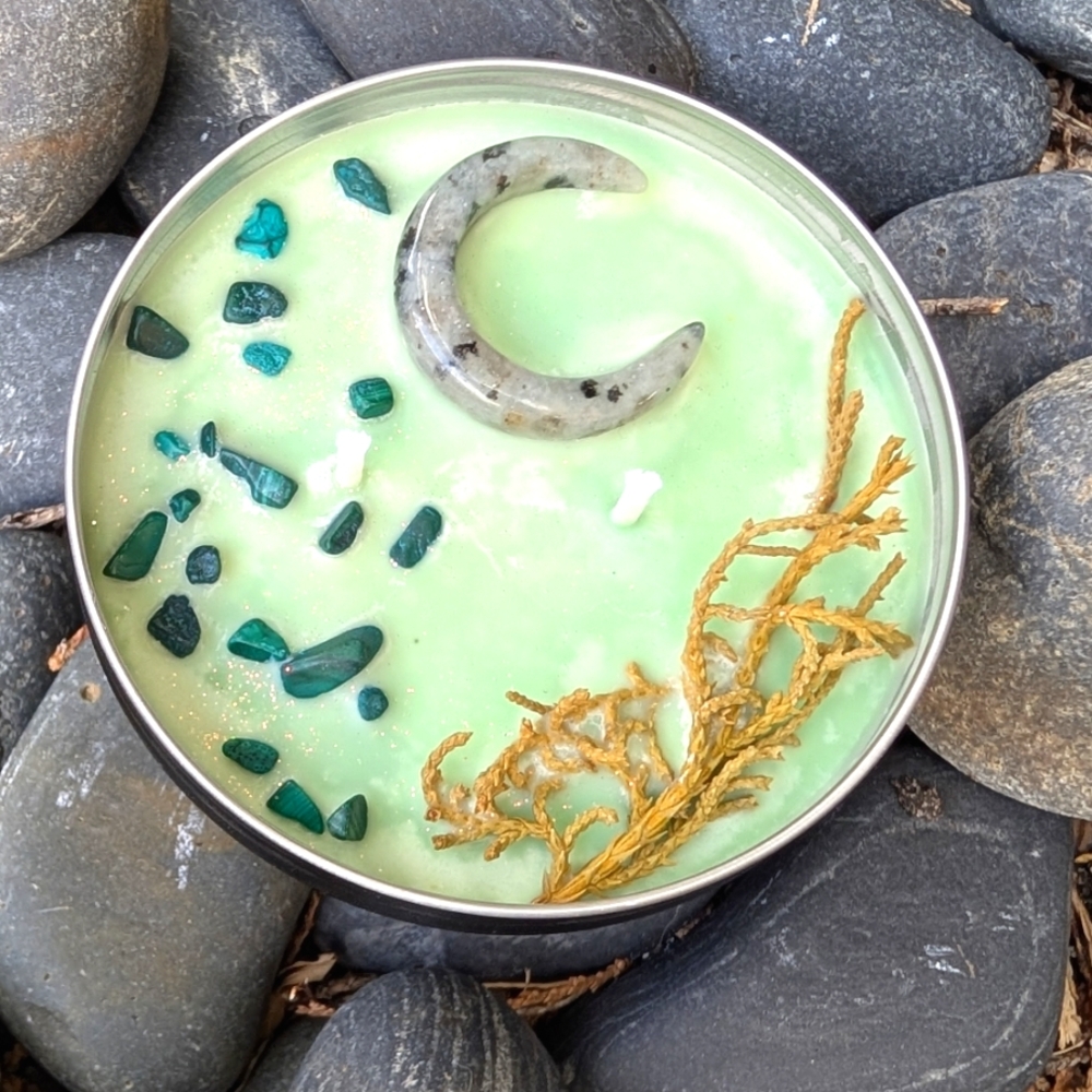 Kiwi Jasper Crescent And Malachite Gemstone Intention Candle